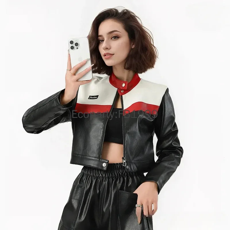 2024 Women Fashion Motorcycle Pu Leather Jacket Spring Autumn Vintage Punk Zipper Short Coats Female Casual Biker Coat Outwear