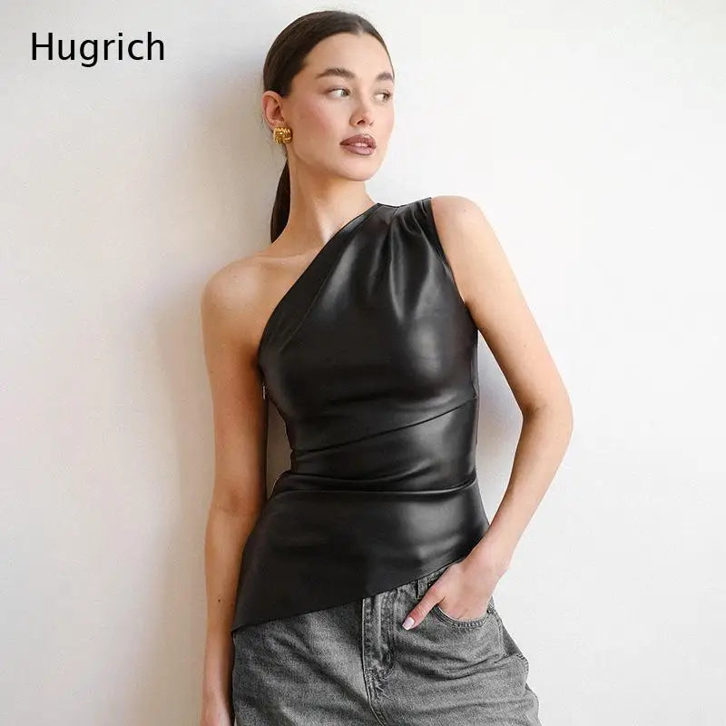 Women's Sexy One Shoulder Asymmetrical PU Leather Top - Sleeveless Bodycon Faux Leather Tank for Summer Party Club Night Out