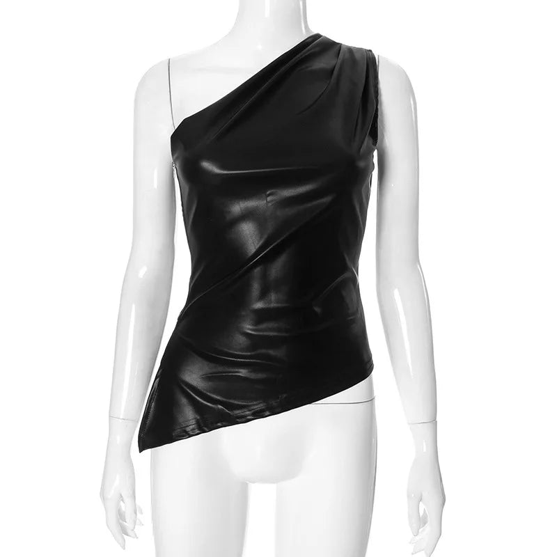 Women's Sexy One Shoulder Asymmetrical PU Leather Top - Sleeveless Bodycon Faux Leather Tank for Summer Party Club Night Out