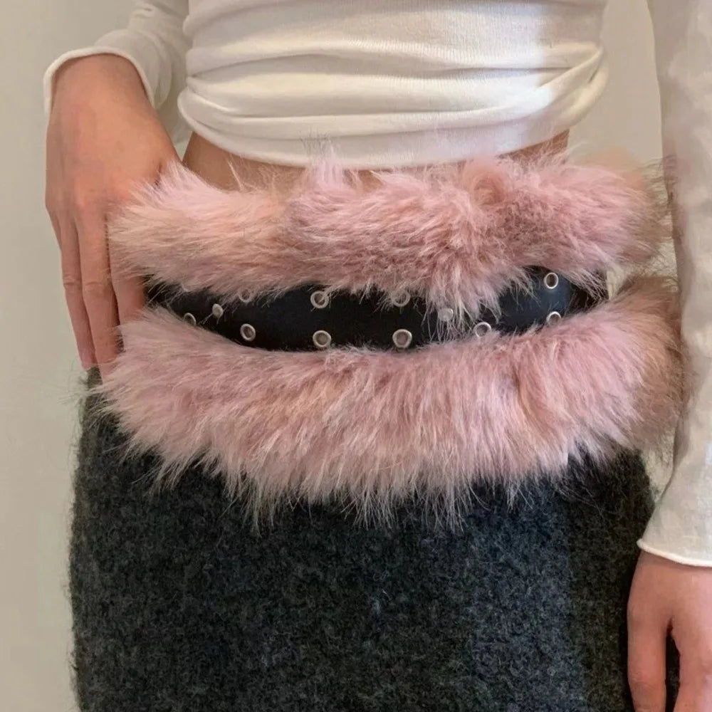 Personality PU Leather Leather Fur Belt Faux Fur Rivet Plush Belt Korean Style Jeans Decor Furry Waistband Female/Girls