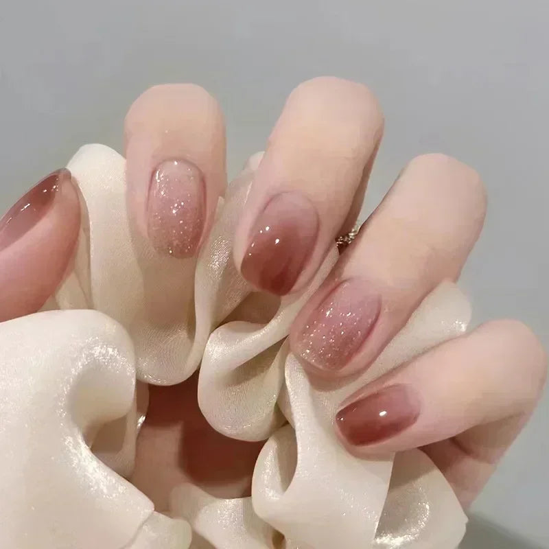 24pcs Cute Girly Short Square False Nails Sweet White French Nail Glitter Star Rhinestones Nail Art Cat Eye Bow Press On Nails