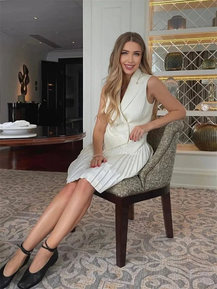 Double Breasted Irregular Vest & Pleated Skirt Suit | Inspired by Neslihan Atagül