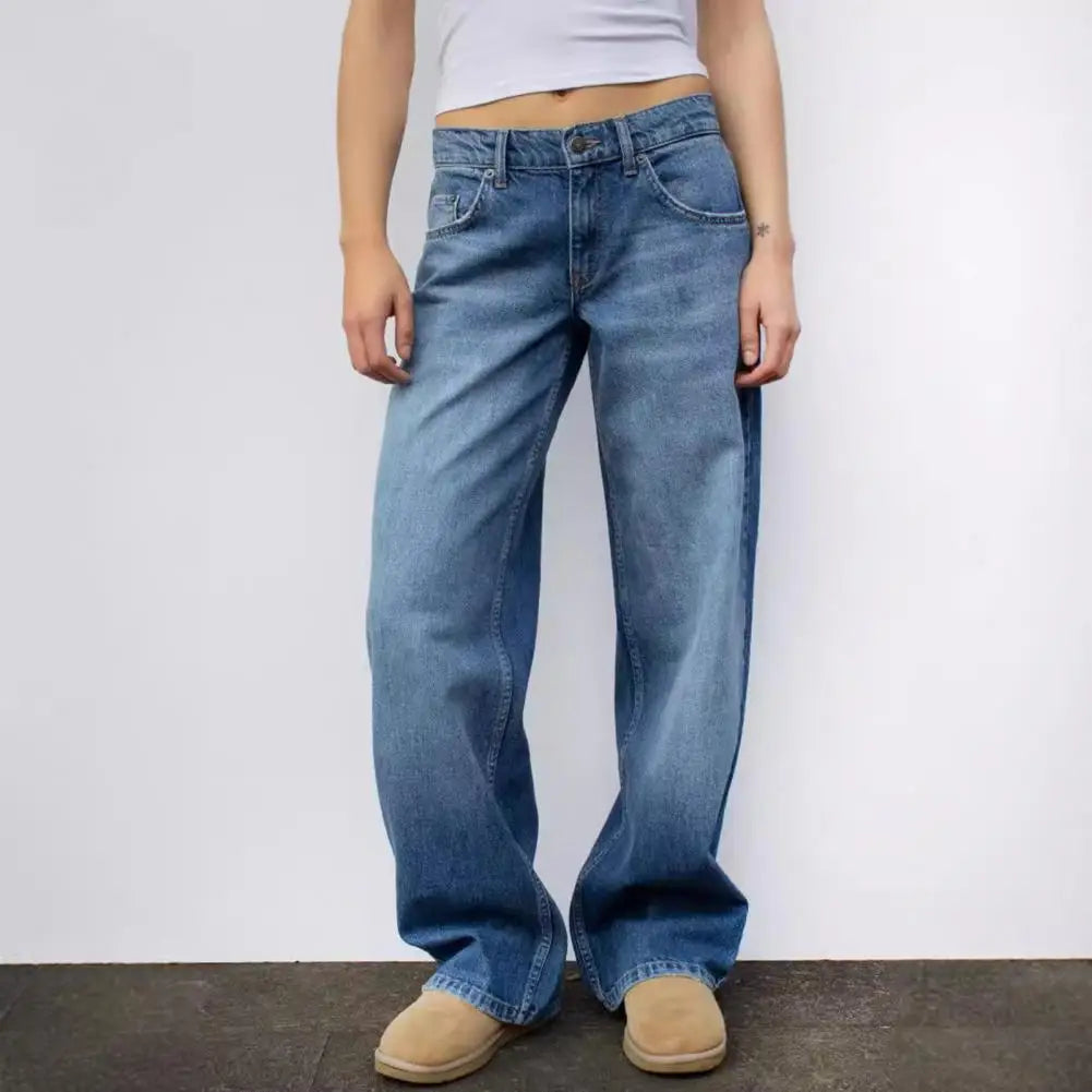 Classic Blue Jeans for Women Straight Leg Stretchy Denim Trousers Simple Design Retro Style Elastic Waist ﻿