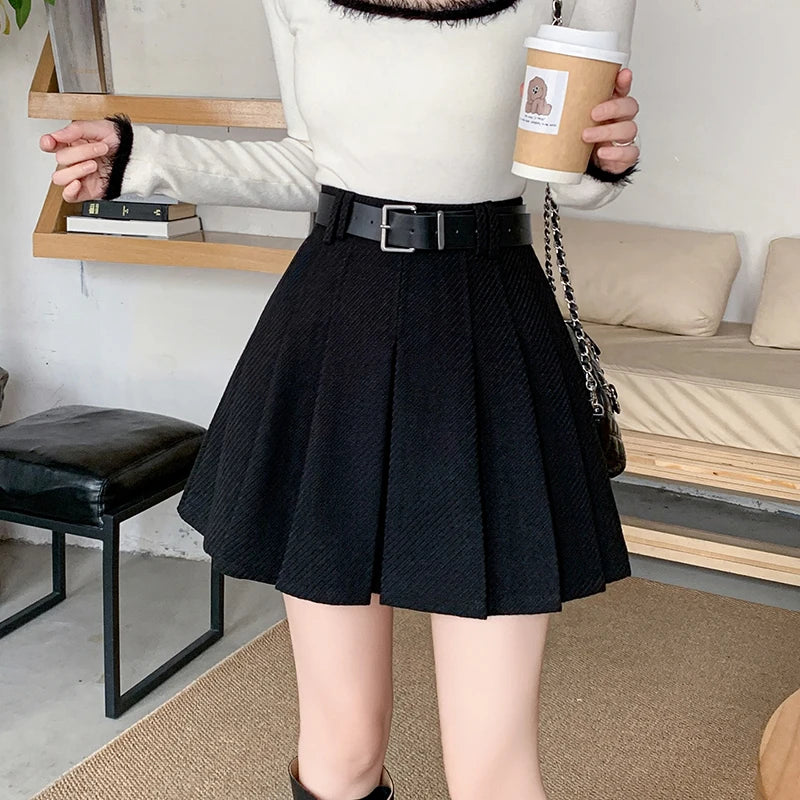 Vintage Winter Pleated Mini Skirt Women Streetwear High Waist Woolen Cute Skater Skirts With Shorts Belt Grey Black Skirt Woman