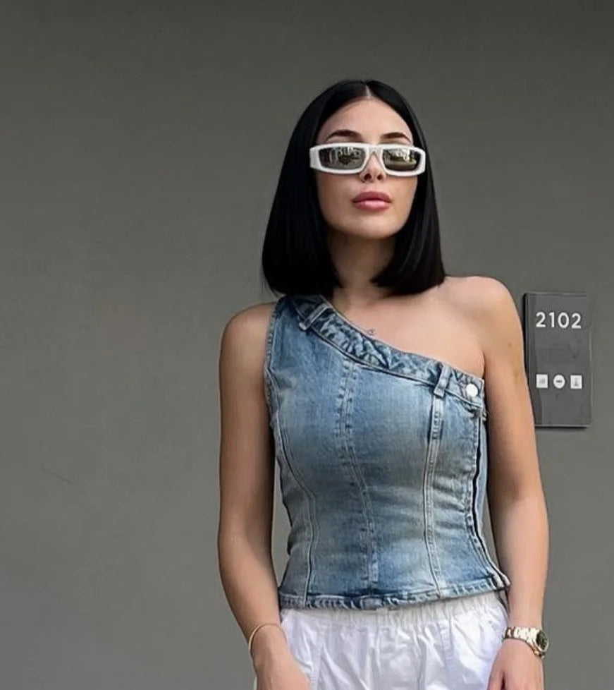 Women Top Off Shoulder Sleeveless Bustier Tops 2026 Summer Lady Elegant Street Wear TankBlue Backless Denim Corset Crop
