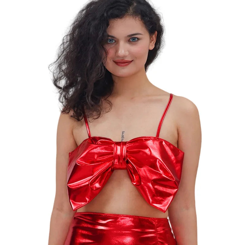 Bow Tie Sexy Spaghetti-strap Top Gilded Lacquered Costume Stage Performance Outfits Sweet Clothes for Women Summer