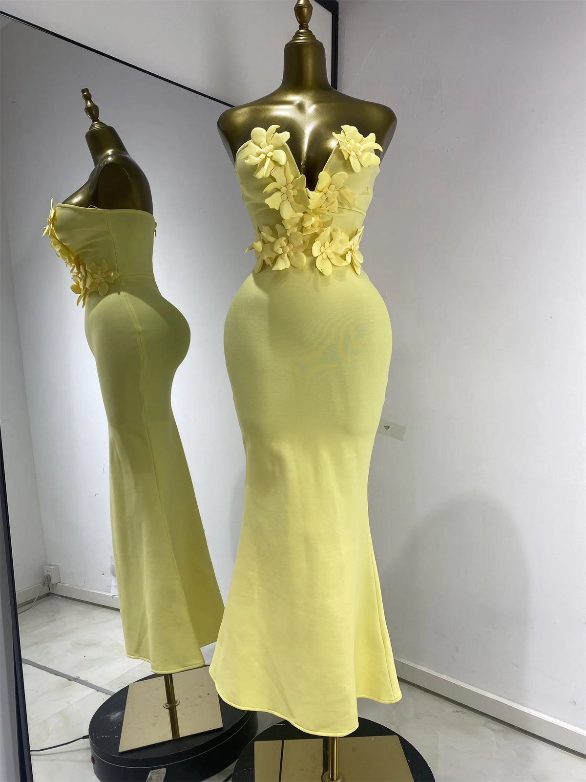 Strapless Deep V-Neck Floral Bodycon Long Mermaid Bandage Gala Dress | Inspired by Beren Saat