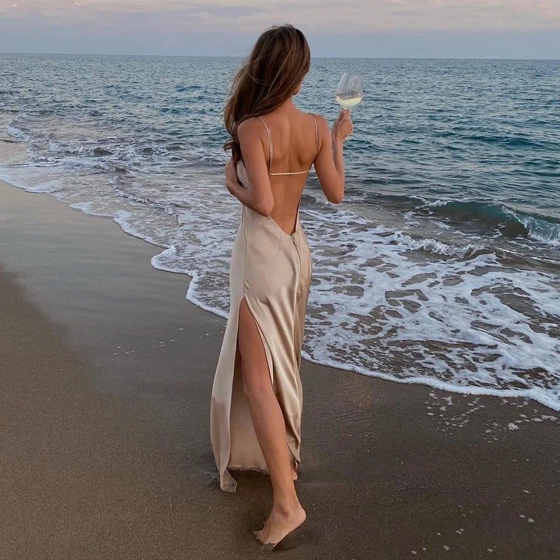 Satin Silky Spaghetti Strap Split Backless Summer Women Long Dress  Bodycon Evening Beach Party Dress