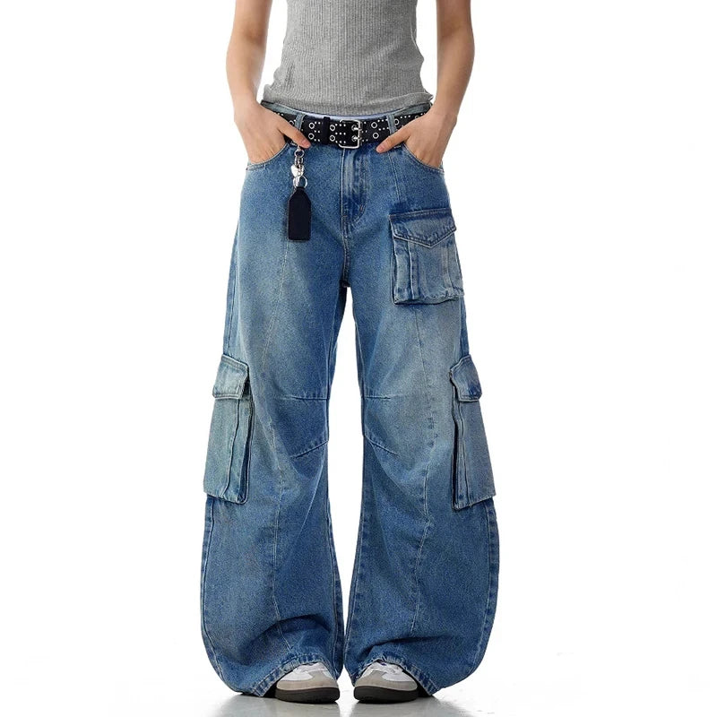 American Style Jeans Curved Knife Wide Leg Washed Worn-out with Multiple Pockets Men Loose Casual Floor Denim Jeans