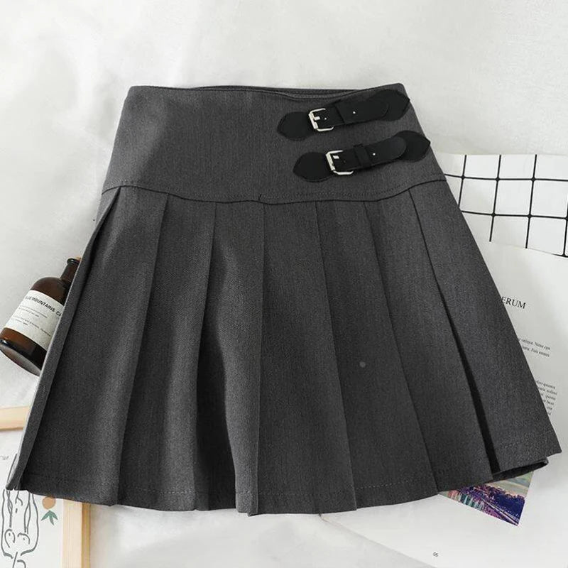 Buckle Pleated Mini Skirt High Waist Short Skirts Women Skort Y2K Black Goth Academia Preppy Style