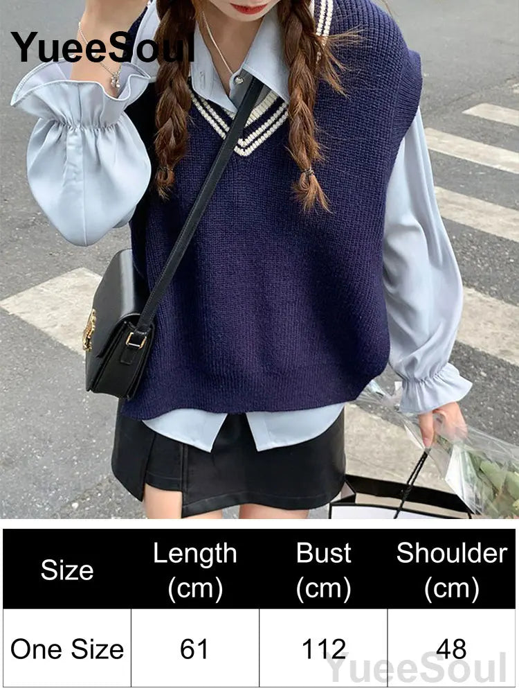Blue Argyle Women's Vest Plaid Sleeveless Pullover Loose Knitted Sweater Vest 2026 New Autumn Y2K Casual Oversized Waistcoat