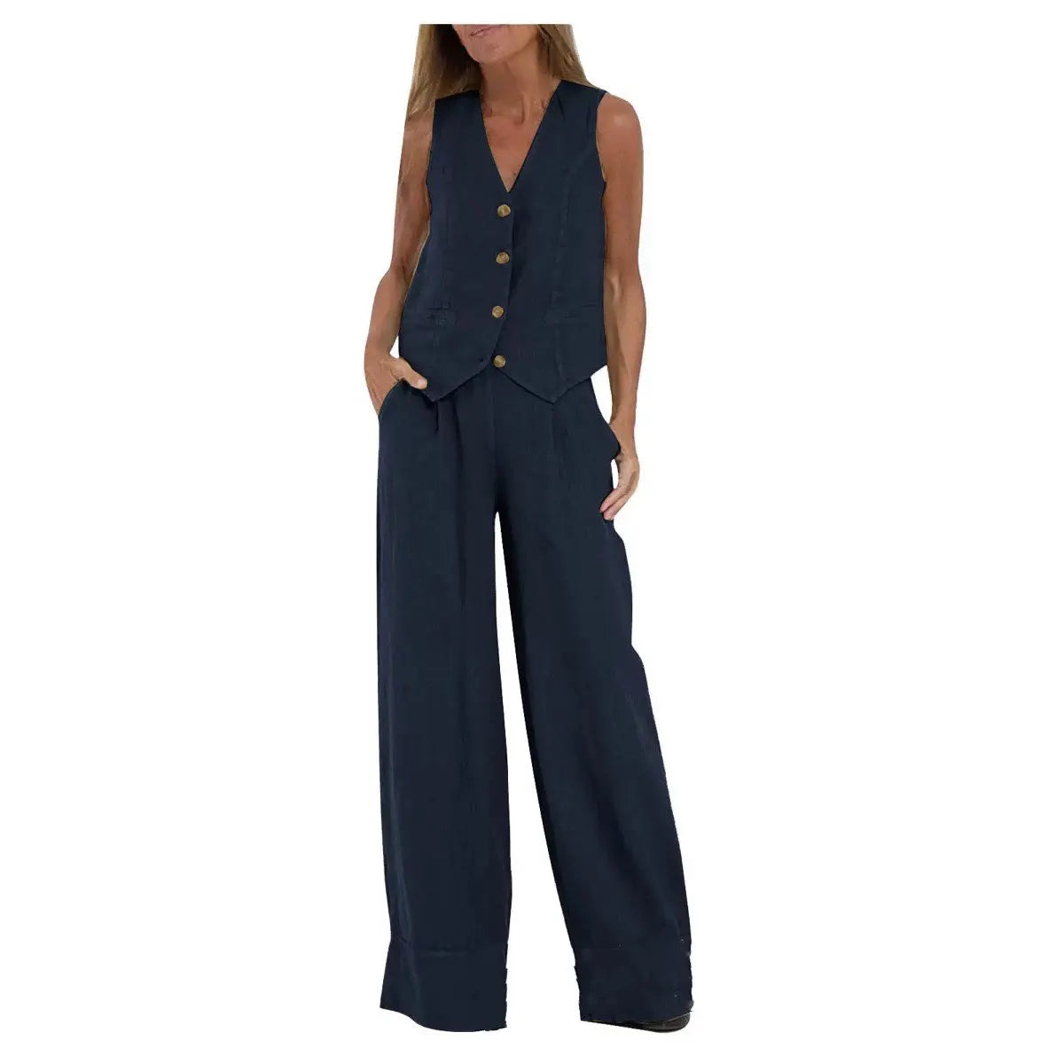 Womens Cotton Linen 2 Piece Sets  Sleeveless Suit Button V-Neck Vest and Wide Leg Pants Casual Blazer Matching Outfit