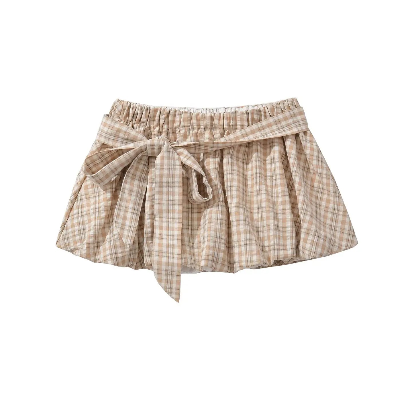 KADUWAKI Summer Plaid Printed Hanging Neck Sloping Shoulder Lace Up Slim Fit Top Khaki Mini A-line Fluffy Skirt 2-piece Sets Y2k