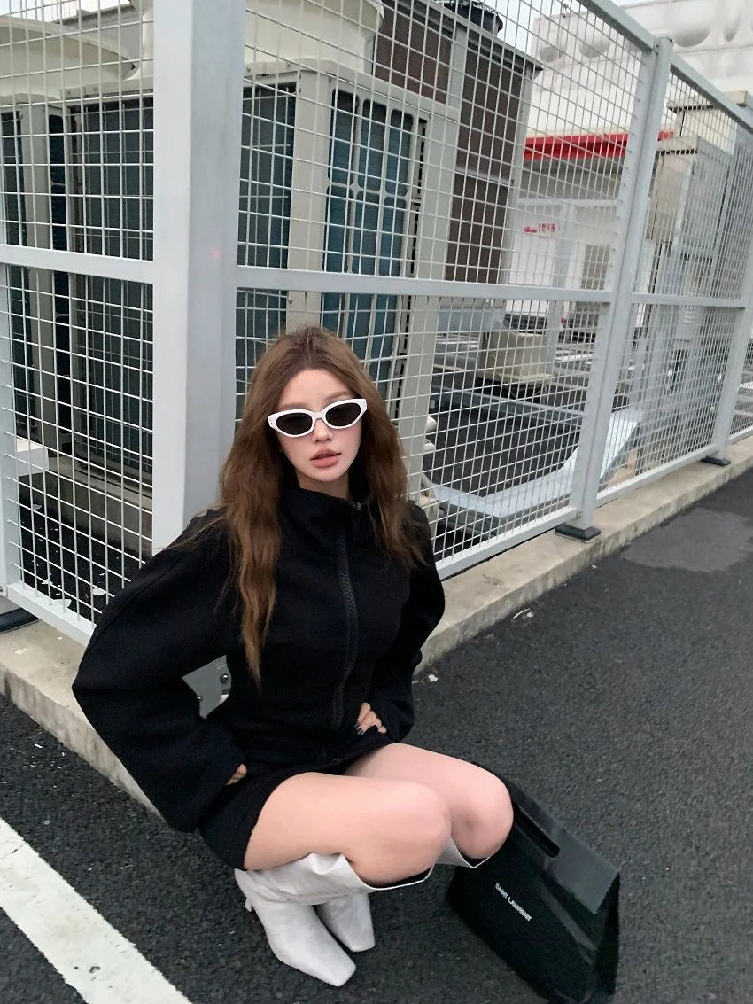 Japanese Harajuku style hot girl Y2K retro stand up collar big zipper black elastic body women's hoodie autumn hot girl tops emo