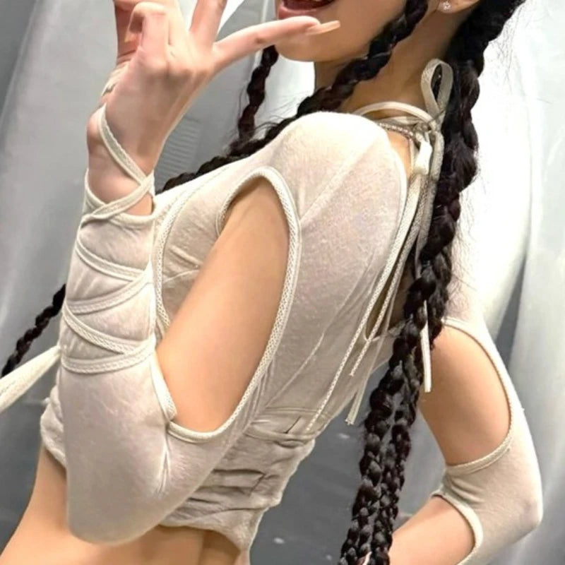 Y2k Aesthetic Fake Two Pieces Sexy Tshirts Harajuku Halter Bandage Hollow Out Tops Streetwear Grunge Slim Fit Cropped T-shirt
