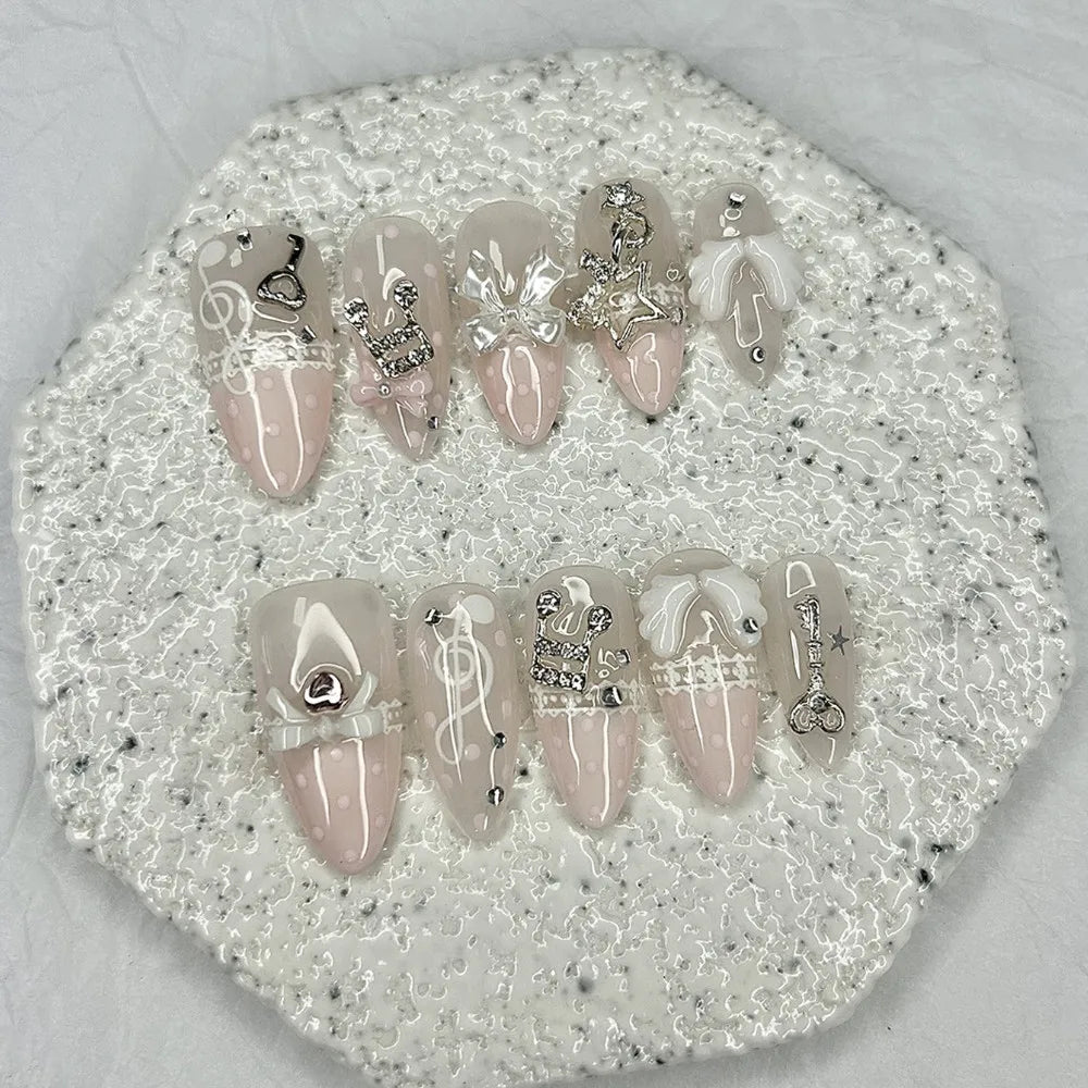 Musical Notes Pink Retro Cute Lace Polka Dots French Almond Press On Nails Handmade 3D Bow Star Wings Diamond Vintage Fake Nails