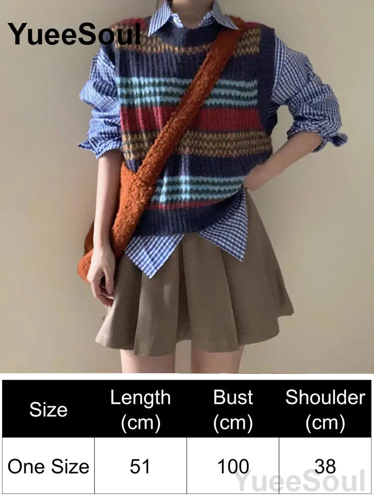 Blue Argyle Women's Vest Plaid Sleeveless Pullover Loose Knitted Sweater Vest 2026 New Autumn Y2K Casual Oversized Waistcoat