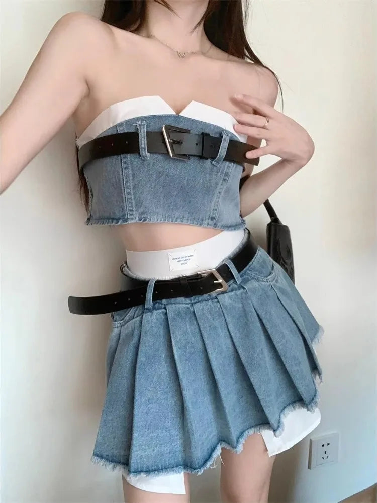 Y2k Spice Girl Denim Suit Skirt Fried High Street Fashion Trapless Tube Top Vest Pleated Skirt Chic Summer Girls Two Piece Suit