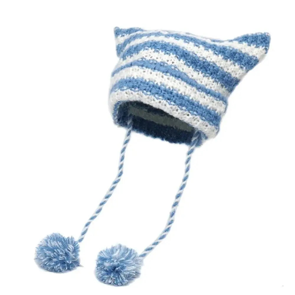 Fshion Y2K Knitting Striped Beanie Hat Cute Wool Hanging Ball Knitted Beanie Hat Cat Ears Pointed Pullover Hats Autumn Winter