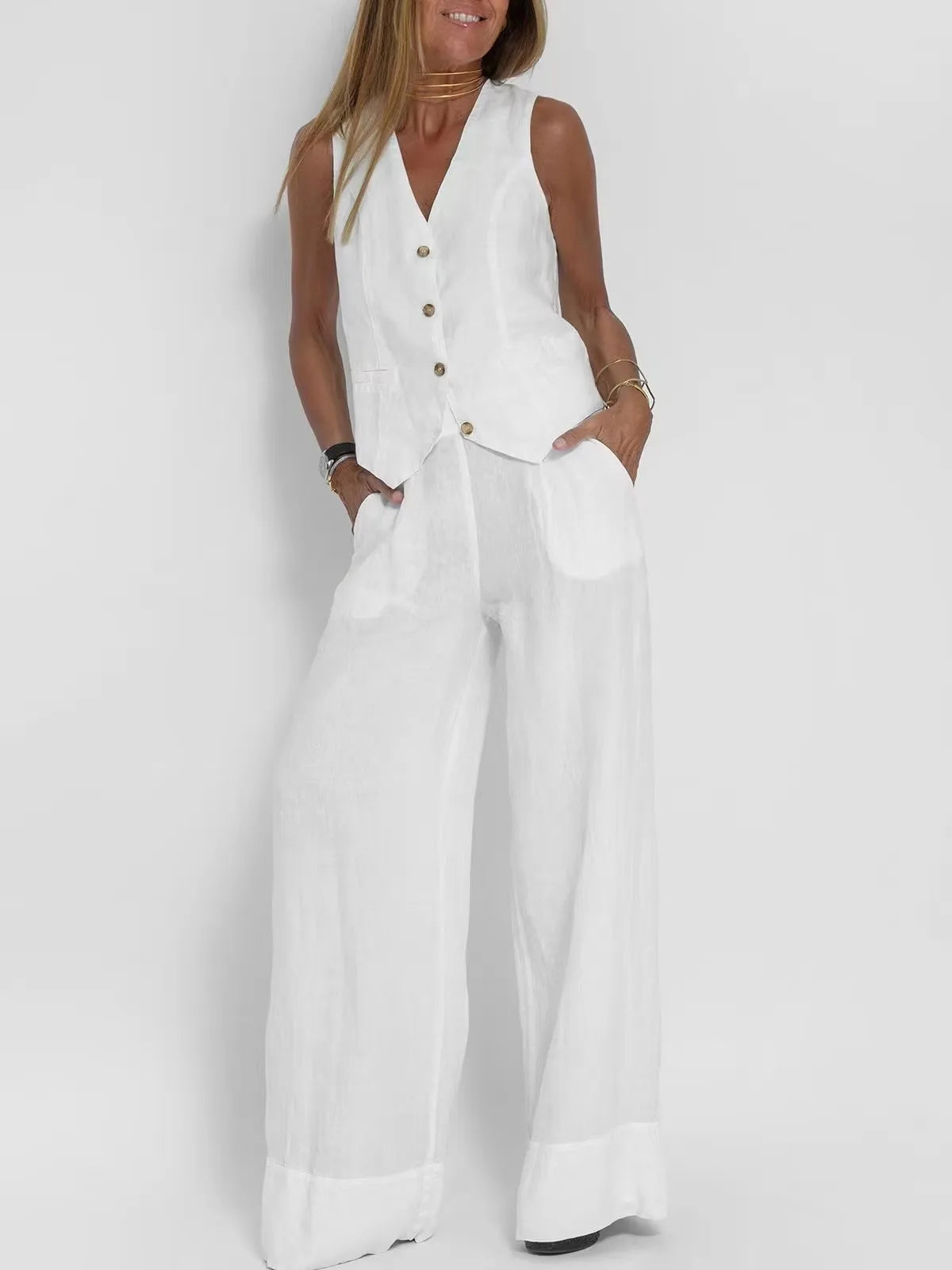 Womens Cotton Linen 2 Piece Sets  Sleeveless Suit Button V-Neck Vest and Wide Leg Pants Casual Blazer Matching Outfit