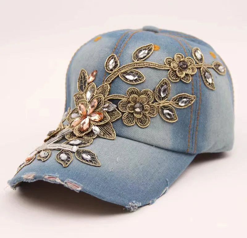 Ladies' Denim Hat Handcrafted Diamond-Studded Baseball Cap Floral Hat Fashion Rhinestone Visor Cap