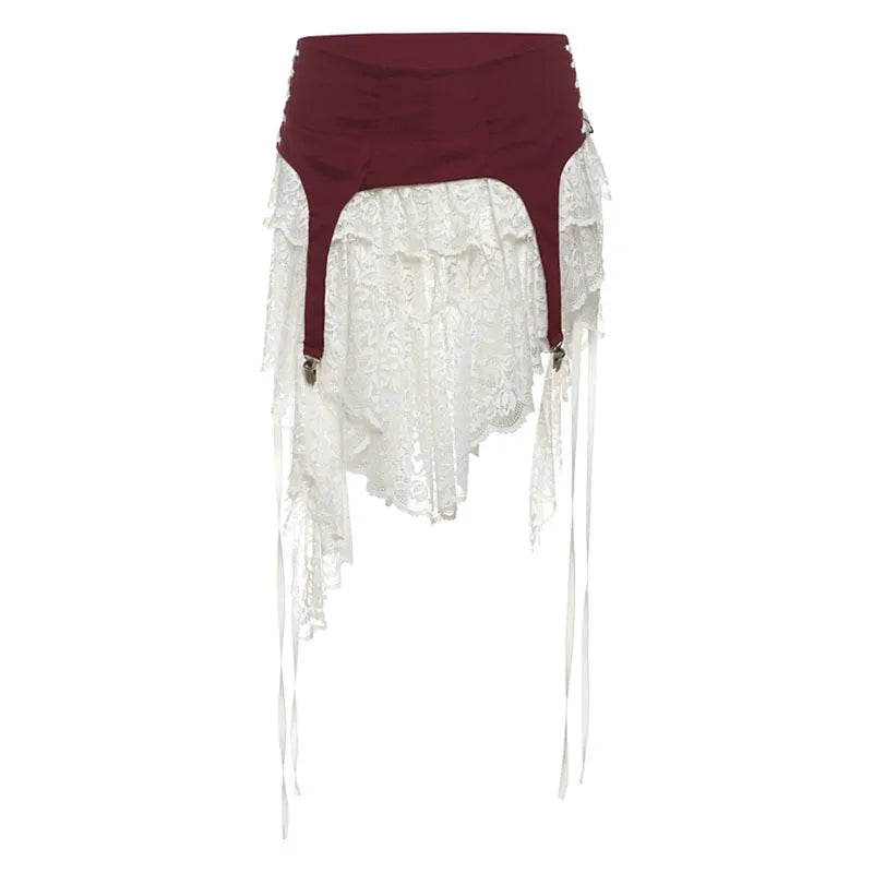 2026 Y2k Aesthetic Irregular Lace Mini Skirts Women High Waist Patchwork See Through Skirt Harajuku A-line Grunge Fairy Faldas