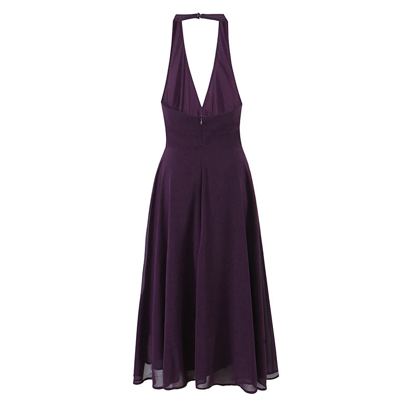 YENKYE Sexy Backless Elegant Purple Midi Long Halter Dress Women A-line Slim Casual Party Dresses Chic Lady Vacation Robe