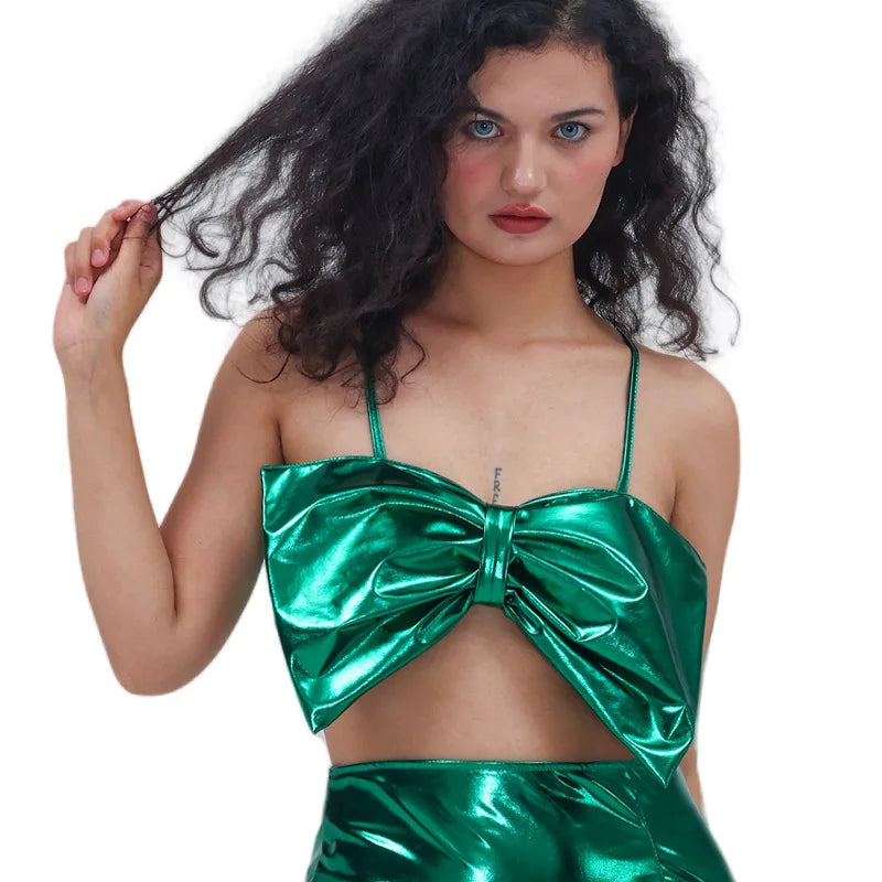 Bow Tie Sexy Spaghetti-strap Top Gilded Lacquered Costume Stage Performance Outfits Sweet Clothes for Women Summer