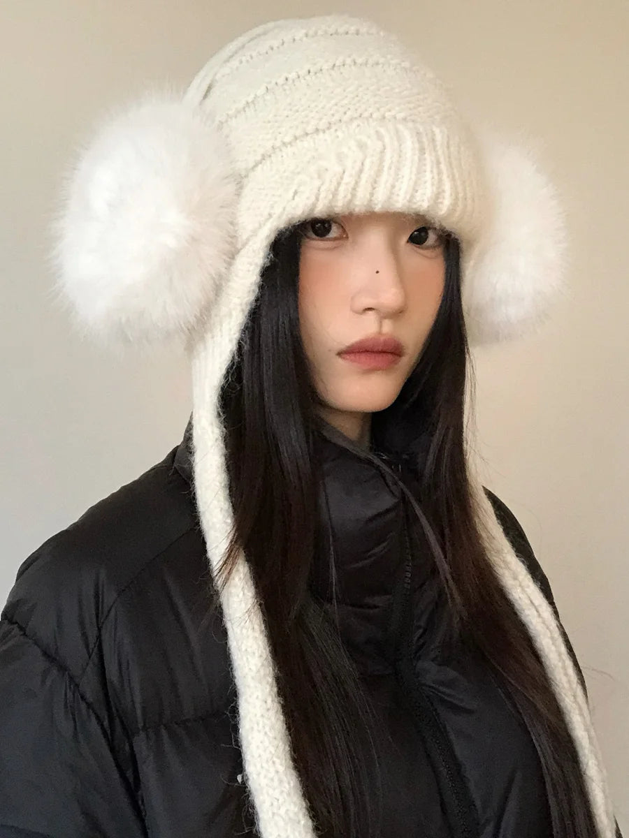 Grey Thickened Knitted Hat With Ear Protection For Women New Autumn And Winter Style Warm And Slimming Versatile Beanie