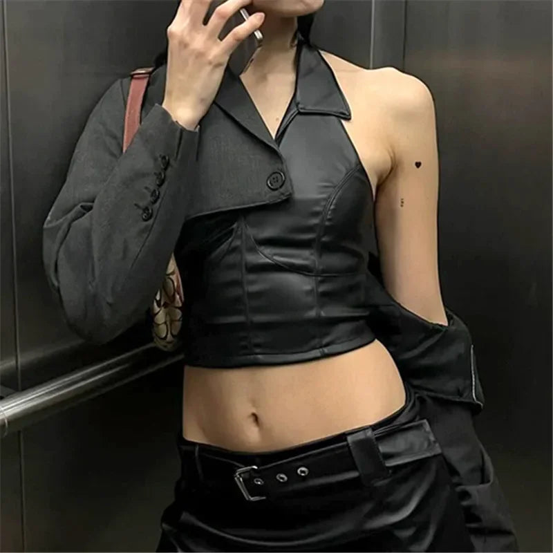 2025 New Vintage Dark Faux Pu Leather Hlater Crop Tops Gothic Cyber Y2K Backless Zip Tanks Top Women Retro Sleeveless Tee Vests