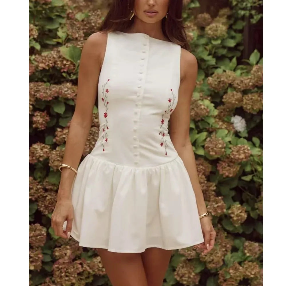 2025 Women's White dress Mini Summer buttons front pleated Dresses Vintage vest embroidery dresses