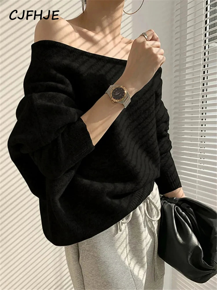 CJFHJE Vintage Korean Fashion Slash Neck Sexy Sweaters Female Irregular Knitted Pullovers Women Autumn Winter Gray Sweaters Tops