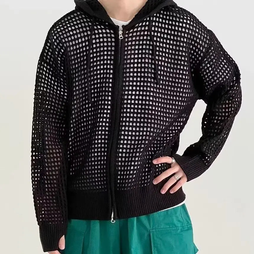 Unisex Hoodies Trendy Hollow Out Hooded Knitted Cardigan For Men Spring Autumn Loose Zip Up Sweater Coat Casual Outerwear