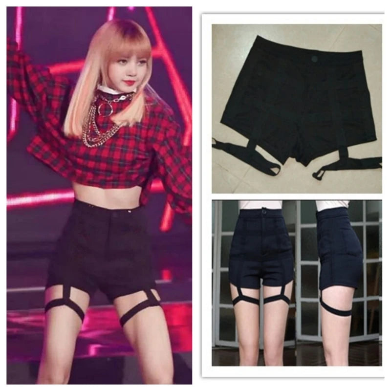 Kpop Girl Group LISA Women Dancer Sexy Hot Girl Outfits Hip-Hop Street Dancewear Korean Jazz Costume Black Elastic Tight Shorts