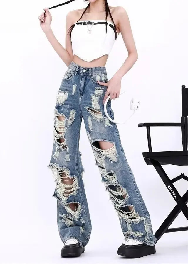 Ripped Jeans Women Summer 2024 Spring and Autumn New High Waist Slimming Straight Drape Small Wide Leg Pants Ins Fashion