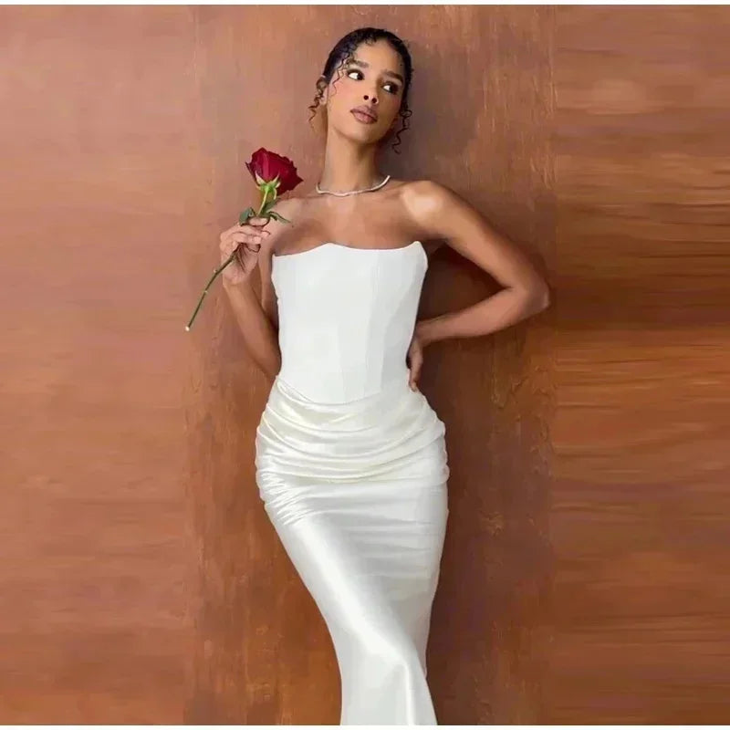Sexy Satin Corset Dress Women Fashion Strapless Backless Waist Ruched Wrap Slim Dresses Autumn Lady Evening Party Club Vestidos