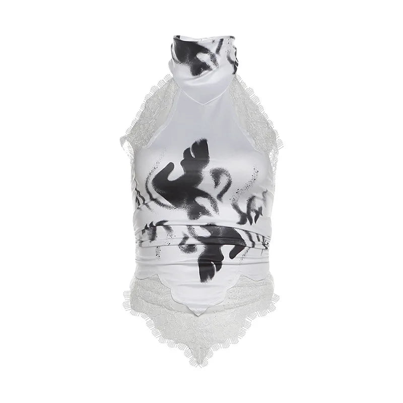 Summer 2026 Women's Sexy Spicy Girl Printed Lace Edge Tank Top Y2K Punk Style Tight Fit Dark Color Trendy Top for Women