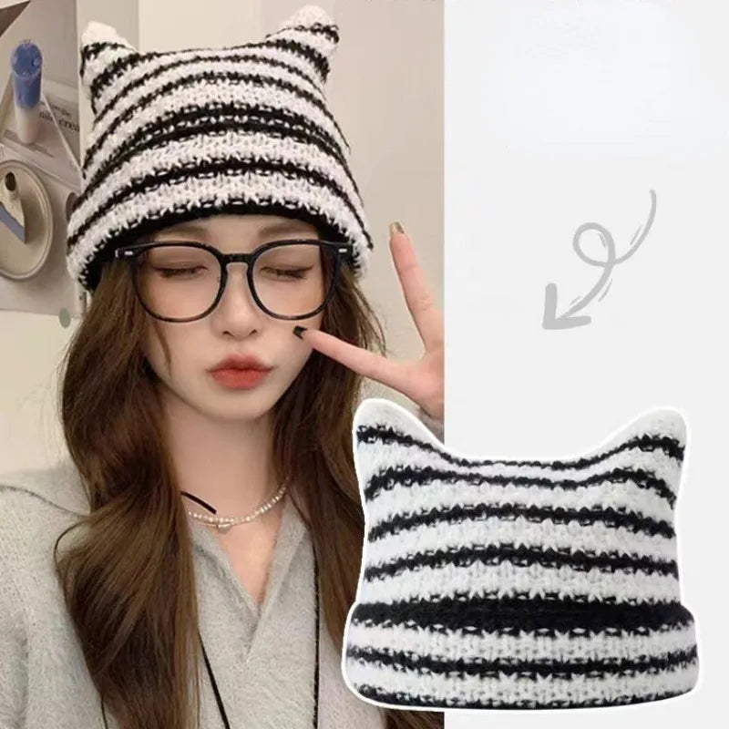 Y2K Cat Ears Striped Knitted Beanie | Inspired by Wonyoung