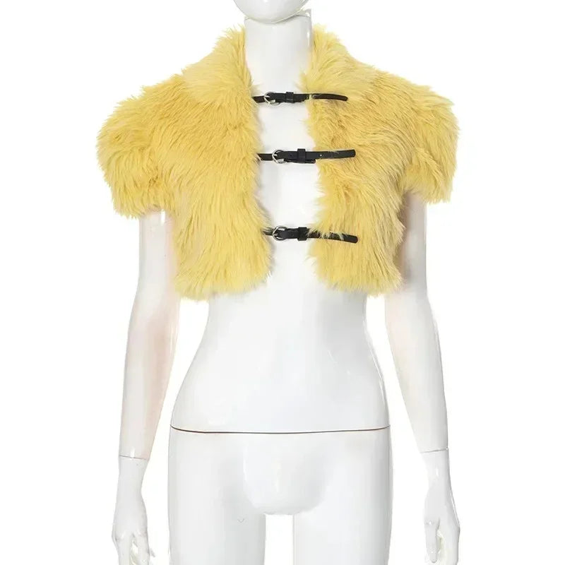 【Ready For Ship】Yellow Faux Fur Cropped Jackets Women Fall Winter Fashion Slim Sleeveless Vests Turn-Down Collar Buckle Belts Fu