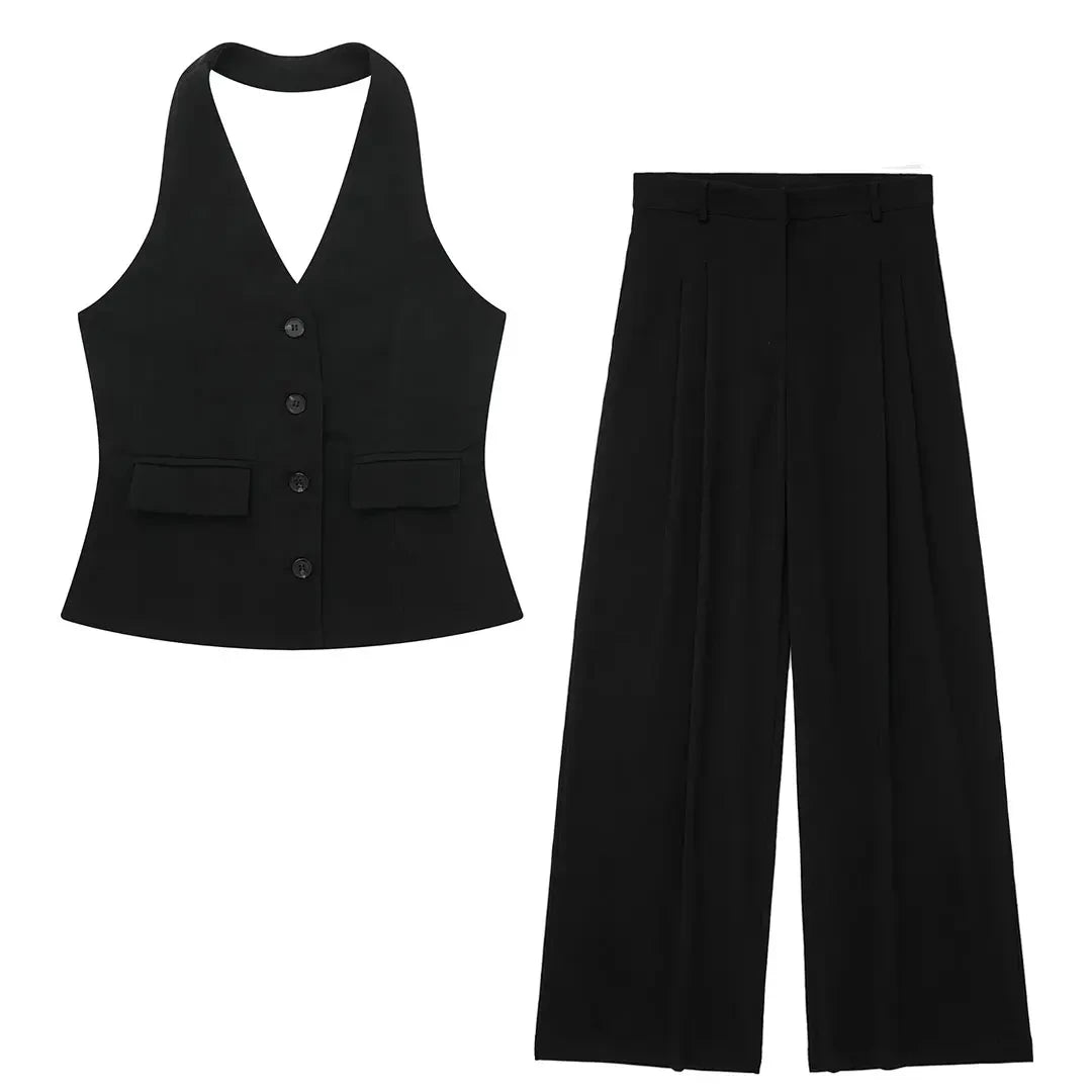 HH 2024 Female Elegant 2 Piece Solid Set High Waist Straight Trousers+Sleeveless Halter Vest Tops Chic Commuting Suit