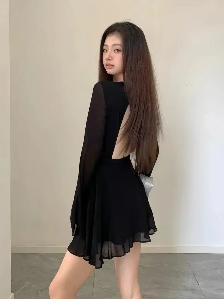Sexy Backless Black Dress Women Back Hollow Out Lace-up Long Sleeve Mesh Patchwork Dress Elegant Slim Ruffle Mini Dress Party