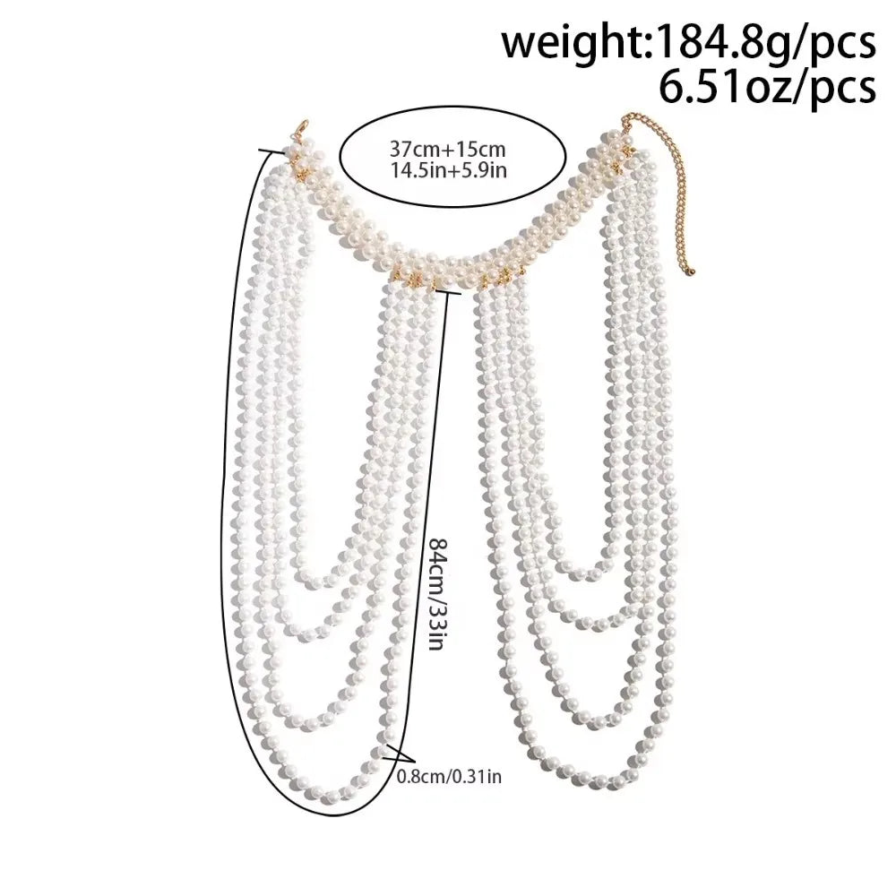 New Imitation Pearl Body Chain Beaded Collar Shoulder Big Necklaces Shawl Bridal Jewelry Sweater Long Chain Women Sexy Jewelry