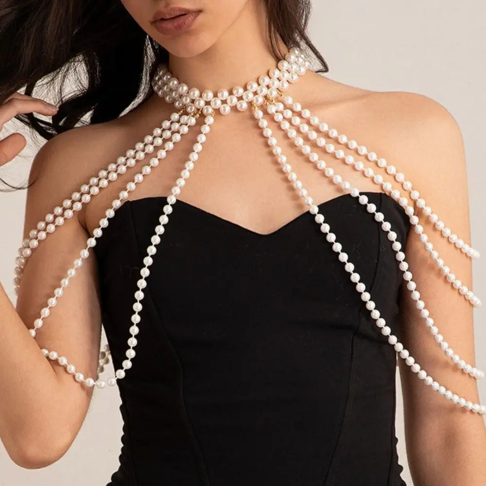 New Imitation Pearl Body Chain Beaded Collar Shoulder Big Necklaces Shawl Bridal Jewelry Sweater Long Chain Women Sexy Jewelry