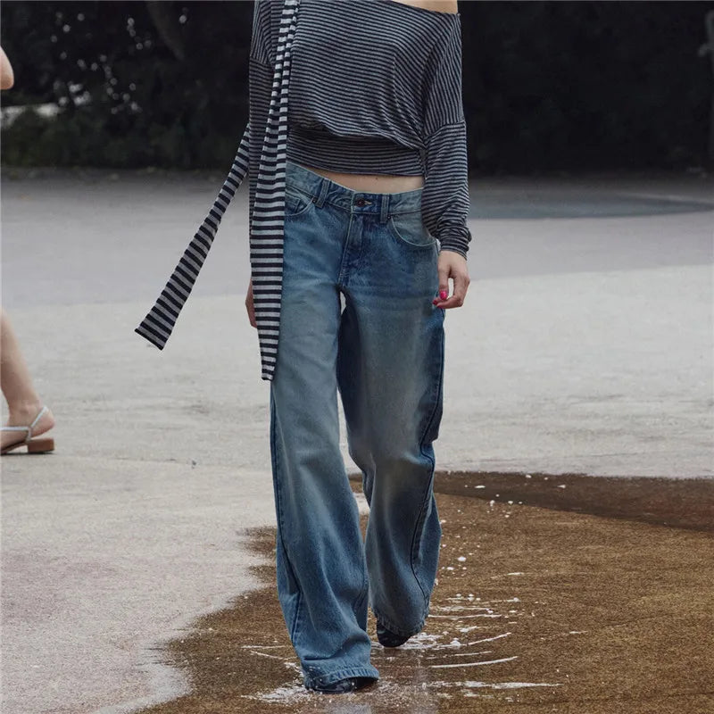 Womens Baggy Jeans Low Rise Wide Leg Denim Pants with Pockets Casual Long Trousers for Daily Office Y2K Vintage Streetwear