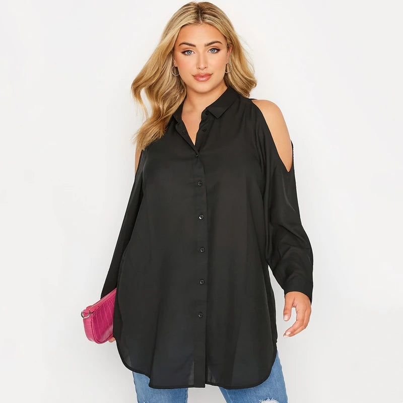 Plus Size Cold Shoulder Drop-Shoulder Long Sleeve Button-Front Office Blouse | Inspired by Beren Saat