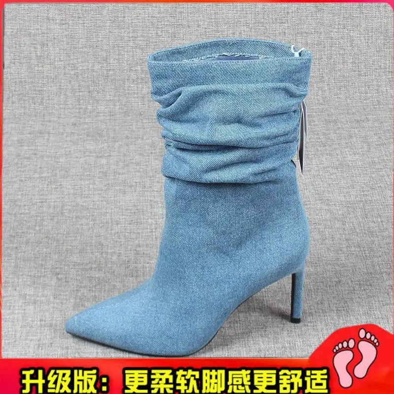 New Summer Pointed Toe High Heel Short Boots Women's Thin Heel Denim Boot Pleated New Mid-Calf Boot Tube Men's