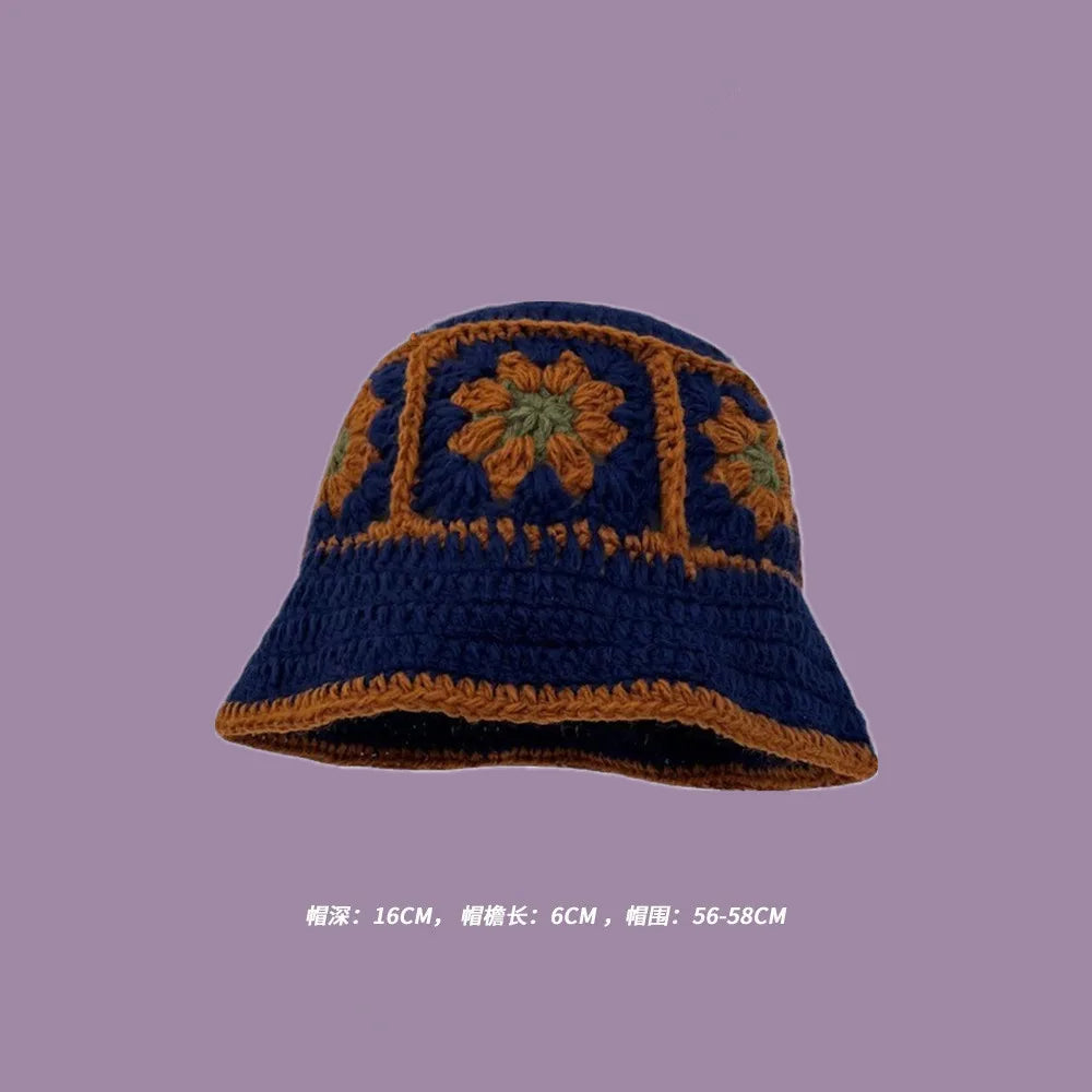 2023 Autumn New Crochet Korean Handmade Bucket Hat Women Weaving Knitted Hat  Fashion Flowers Autumn Winter Beanies Basin Cap