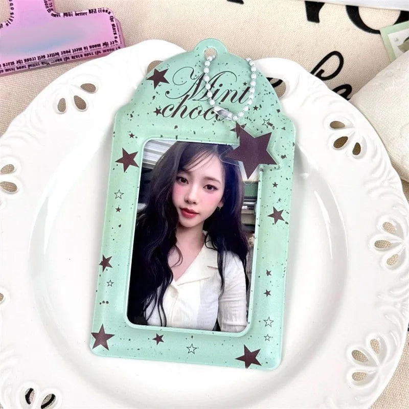 Y2K Itabag Mint Chocolate Kpop Photocard Holder 3 Inch Cute PVC Card Sleeve with Star Keychain for Idol Photo Display Bag Charm