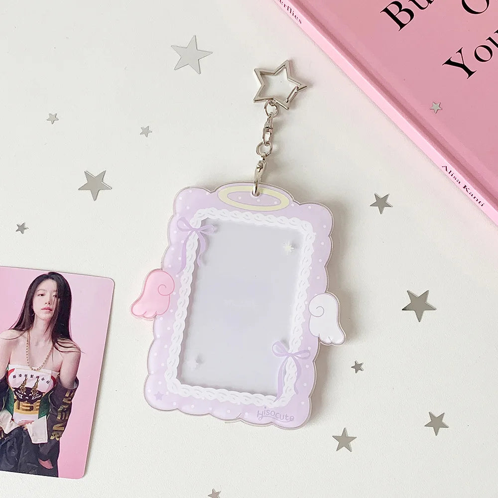 Kawaii 3-inch Photocard Holder with Wing Charm Keychain Kpop Idol Photo Sleeve for Student ID Bag Pendant Cute Card Protector