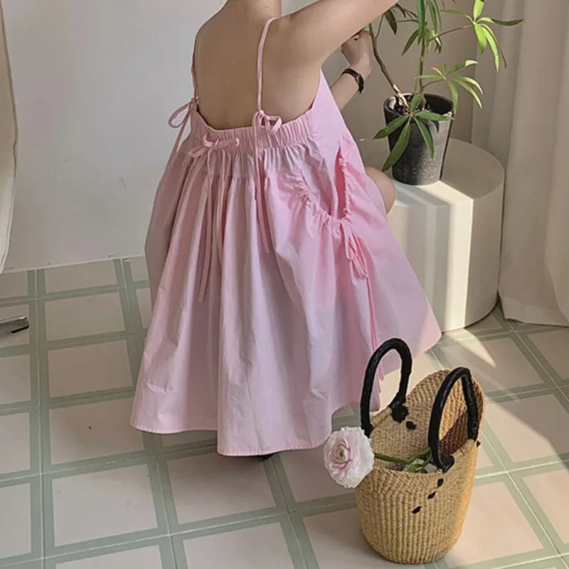 Matakawa Spring Summer Women Dresses Solid Pockets Korean Fashion Sweet Vestidos Mujer Vintage Sleeveless  Mini Dress